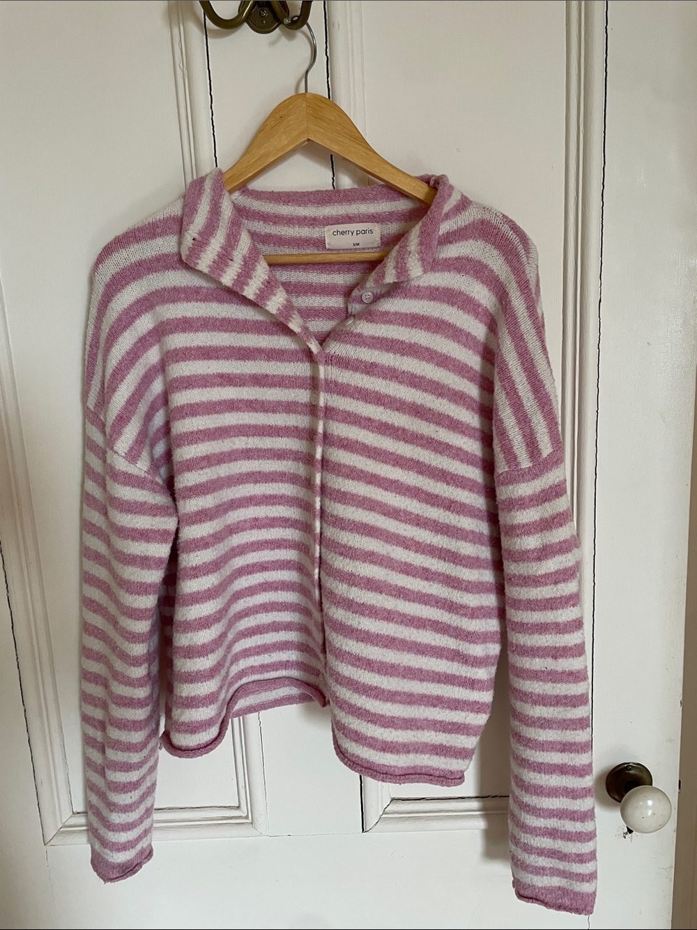 Cherry Paris Pink & White Striped Cozy Knit Cardigan